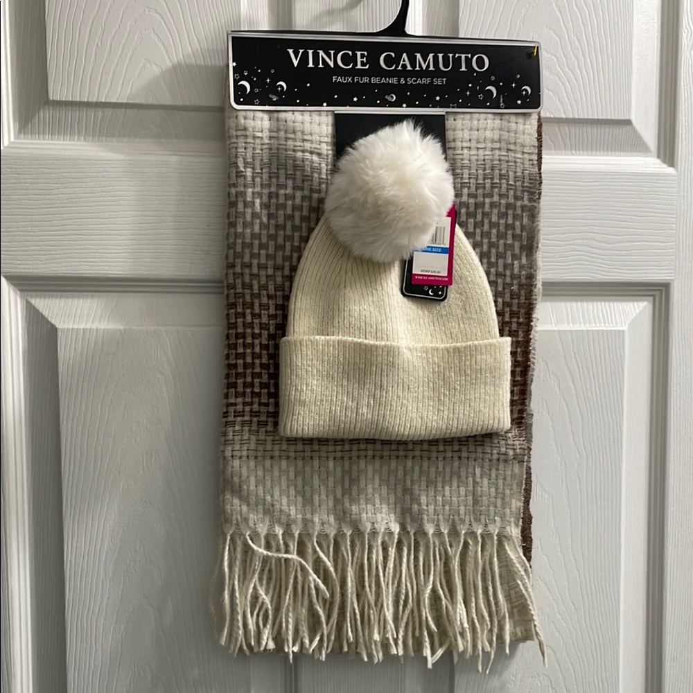 Vince Camuto Cream and Brown Beanie and Scarf Set